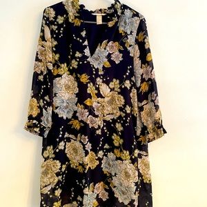 Navy, grey, green floral print dress